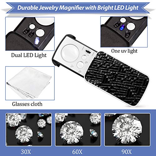 2 Pieces Jewelers Loupe 30X 60X 90X Illuminated Jewelers Eye Loupe Magnifier Jewelry Magnifying Glass Loop with UV Black Light and Bright LED Light for Jewelry Diamond Gem Coin Stamp Rock (Black)