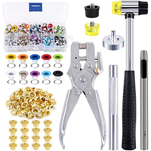 Swpeet 306Pcs 10 Colors 3/16 inch Metal Grommets Kit with Installation Tools, Eyelet Hole Punch Pliers and Soft Mallet with 100Pcs Gold Grommets, Metal Eyelets Kits Shoe Eyelets Grommet Sets
