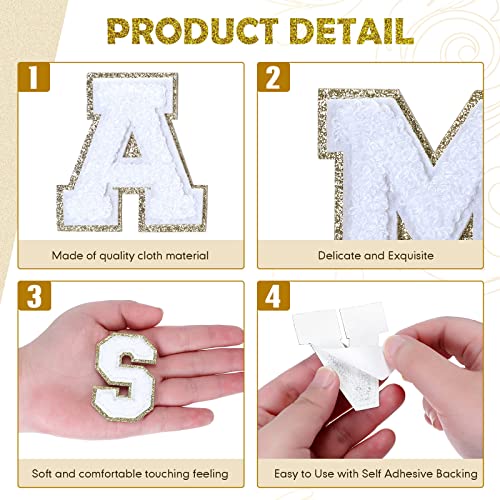 156 Pieces Chenille Letter Patches Self Adhesive White Gold Letters Patches Iron on Letters Embroidered Varsity Trimmed Preppy Alphabet Patches for Clothing DIY Repairing Craft Fabric (White)