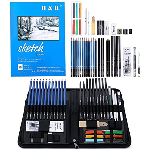 H & B 48 pcs Drawing Pencils Kit Sketch Set,Artists Sketching Pencil Set for Adults Kids Teens Art Supplies | Art Kit Include Charcoal, Pastels Pencils & Sticks，Sketchbook with Case丨Drawing Set