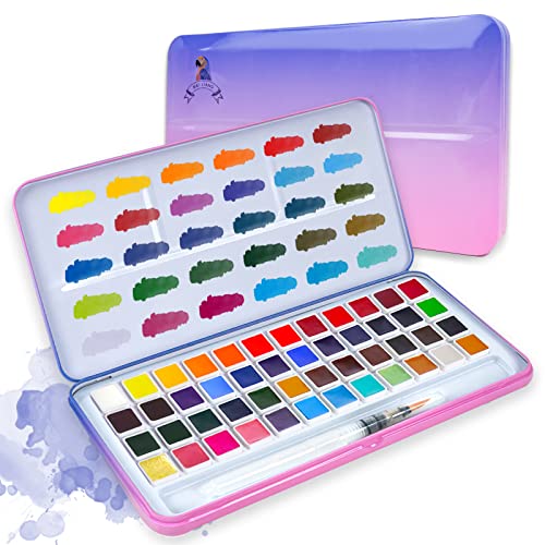 MeiLiang Watercolor Paint Set, 48 Vivid Colors Includes12 Metallic Glitter Solid Colors in Pocket Box with Metal Ring and Watercolor Brush, Perfect as Art Gift, Suitable for Beginners, Professionals