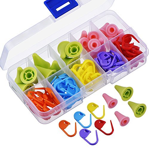 EBOOT 60 Pieces Knitting Crochet Locking Stitch Markers Mix Color and 20 Pieces 2 Sizes Knitting Needles Point Protectors/Stoppers