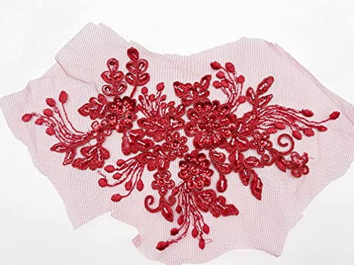 PEPPERLONELY 3D Flower Embroidery Patches Bridal Lace Sewing Fabric Applique Beaded Pearl Tulle, Wine, 24 x 16cm