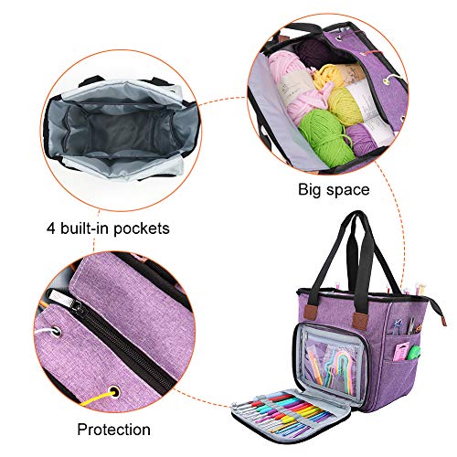 SumDirect Yarn Bag, Knitting Organizer Tote Bag Portable Storage Bag for Yarns, Carrying Projects, Knitting Needles, Crochet Hooks, Manuals and Other Accessories (Purple)