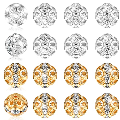 200 Pieces Rhinestone Bead 8mm Round Disco Ball Bead Crystal Spacer Bead Plated Loose Assorted Bead Colorful Crafting Bead for Jewelry Craft Making (Gold, Silver)