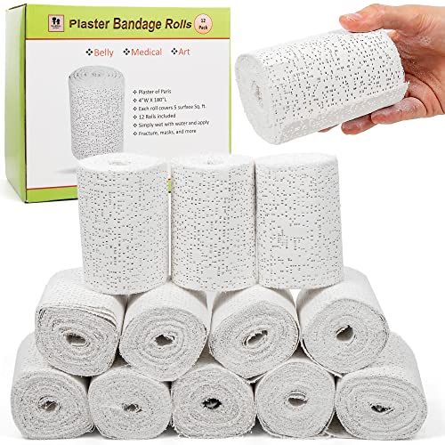 Plaster of Paris Gauze Bandages Rolls for Art Project, Craft Molds for Pregnancy Belly Cast, Paper Mache Sculpture, Face Wrap, Mask Making, Body Casts | Gypsum Clay Paste - 12 Casting Rolls
