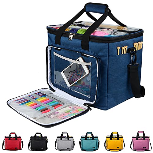 Hoshin Knitting Bag for Yarn Storage, High Capacity Yarn Totes Organizer with Inner Divider Portable for Carrying Project, Knitting Needles(up to 14”), Crochet Hooks, Skeins of Yarn (Navy)