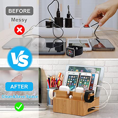 Bamboo Charging Station Organizer for Multiple Devices (Included 5 Port USB Charger, 6 Pack Charge & Sync Cable, with Earbuds & Watch Stand), Electronic Device Desktop Stations for Cell Phone, Tablet