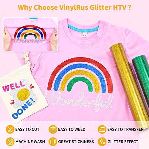 VinylRus Glitter Heat Transfer Vinyl Rolls-10” x 8ft Blue Iron on Vinyl for Shirts, Glitter HTV Vinyl for All Cutter Machine