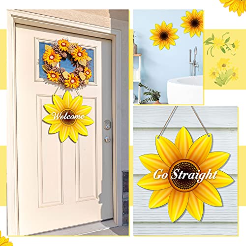 Unfinished Sunflower Wood Cutout Sunflower Sign Cutouts Sunflower Wood Door Hanger with 2.2 Yards Natural Rope for DIY Painting Hanging Welcome Sign Spring Summer Home Decoration (4)