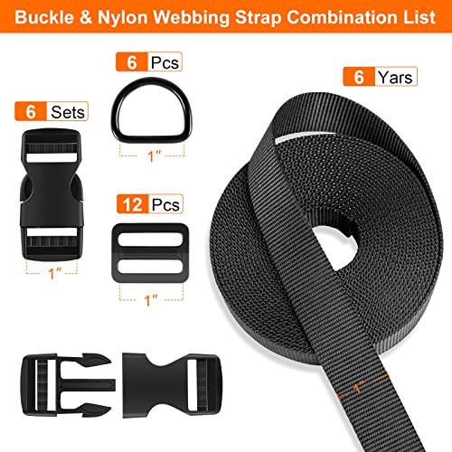Buckles Strap 1 Inch: Nylon Webbing Straps 6 Yards, Quick Side Release Plastic Buckle Dual Adjustable 6 Pack, Tri-Glide Slide Clip 12 PCS, Metal D Rings 6 PCS, Heavy Duty, Black