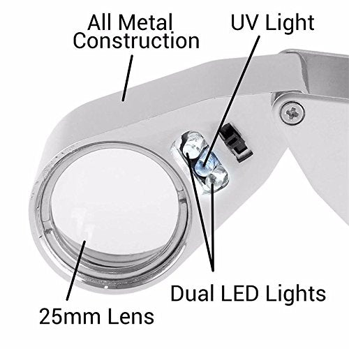 Beileshi 40X Illuminated Jeweler LED and UV Lens Loupe Magnifier with Metal Construction and Optical Glass with a Durable and Sturdy Travel Carrying Case