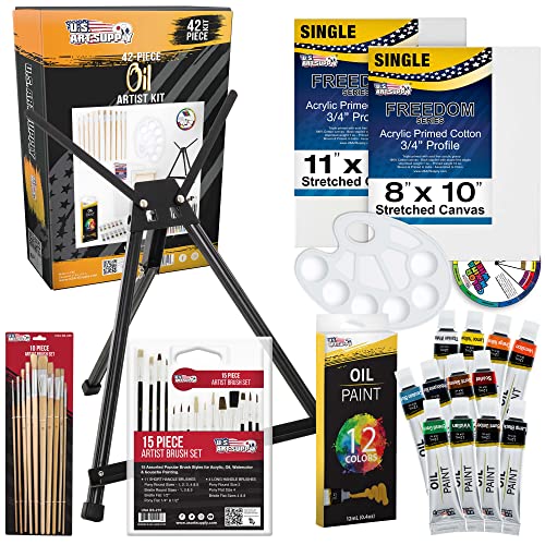 U.S. Art Supply 42-Piece Complete Artist Oil Painting Set with Easel - 12 Vivid Oil Paint Colors, 25 Brushes, 2 Stretched Canvases, Painting Palette - Kids, Students, Adults Kit - Color Mixing Wheel