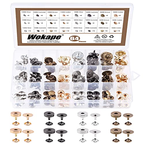 Wokape 65Pcs 4 Colors 14mm and 18mm Round Strong Magnetic Button Clasps Snaps Assortment Kit, Button Clasps Closure Purse Handbag with Washer Perfect for Nickel DIY Craft Set