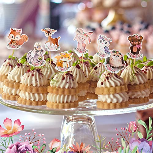 49 Pcs Floral Woodland Animal Cupcake Topper Pink Flowers Boho Woodland Creatures Shaped Woodland Cupcake Topper Woodland Baby Shower Cupcake Topper for Girls Wild One Camping Party Supplies