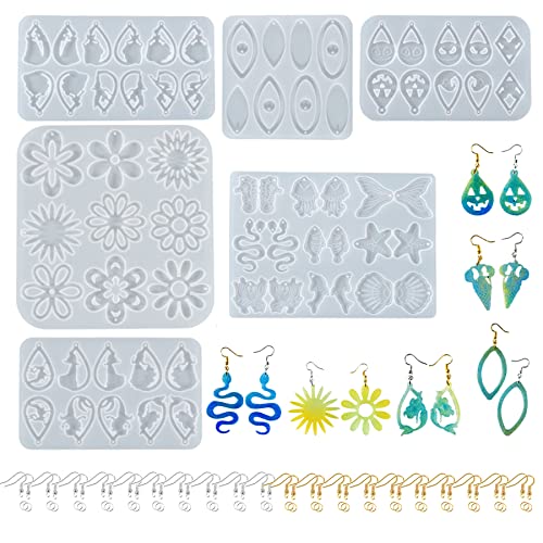 Yayatty Earring Epoxy Resin Silicone Molds, 6 PCS Resin Earring Molds Halloween Flowers Sea Animals Earring Resin Molds with Ear Hooks, Jump Rings for DIY Earrings, Resin Crafts DIY