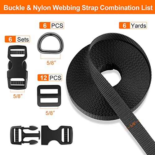 Buckle Strap Set 5/8 Inch: Nylon Webbing Straps 6 Yards, Quick Side Release Plastic Buckles Dual Adjustable 6 Pack, Tri-Glide Slide Clip 12 PCS, Metal D Rings 6 PCS, Black