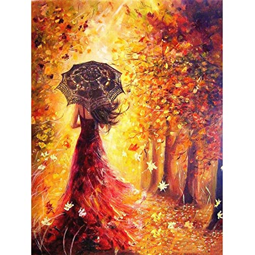 MXJSUA DIY 5D Full Square Diamond Painting Autumn Beautiful Woman by Number Kits for Adults, Diamond Painting Kits Round Full Drill Diamond Art Kit Picture Craft for Home Wall Art Decor 14x18 inch