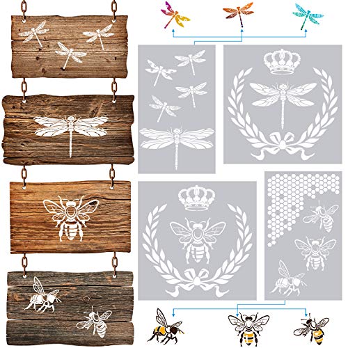 4 Pieces Dragonfly Stencil for Painting French Bee Stencil Honeycomb Stencil Reusable Stencil Vintage Style Stencil for Furniture, Wood Signs, Baking, Crafts, Wall, Pillows, Stencils for Children