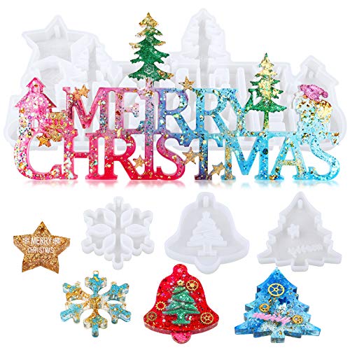 Mocoosy Merry Christmas Letter Resin Molds Silicone, Christmas Ornaments Molds for Epoxy Resin Casting Set, Xmas Resin Craft Include Snowflake Christmas Tree DIY Holiday Christmas Hanging Decorations