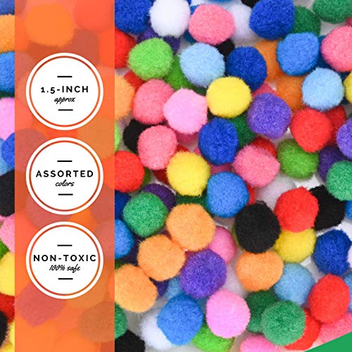 WAU Craft Pom Pom Balls - 100pcs 1.5 inch Multicolored Large Pompoms for Crafts Art DIY Project in Reusable Zipper Bag
