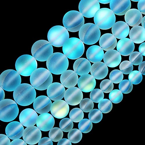 Matte Aquamarine Aurora Crystal Glass Beads, 8MM Frosted Glitter Shining Mermaid Round Loose Beads, Rainbow Holographic Synthetic Moonstone for Jewelry Making DIY Bracelet