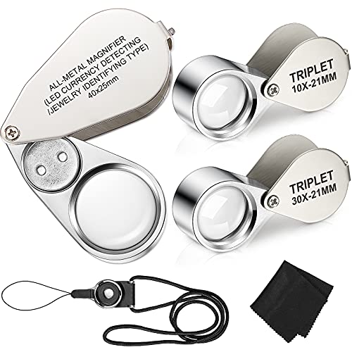 3 Pieces Illuminated Jewelry Loop Magnifier 10X 30X 40X Magnifier Loupe Jewelers Eye Loupe with Adjustable Lanyard and Wiping Cloth LED/UV Pocket Magnifying Glass for Close Work Rock Collecting