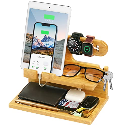 ZAPUVO Gifts for Men Dad Husband Christmas Xmas Anniversary Birthday, Bamboo Wood Phone Docking Station Nightstand Organizer, Unique Dad Gifts from Daughter Son, Stocking Stuffers for Him Her Women