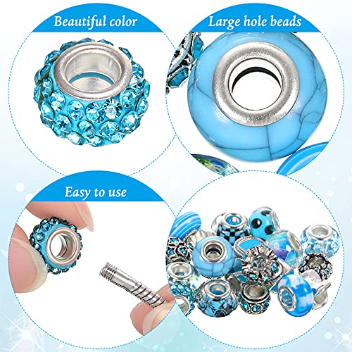 80 Pcs Assorted European Large Hole Beads, Spacer Glass Beads Rhinestone Metal Macrame Charms Supplies for DIY Crafts Bracelets Necklaces Jewelry Making(Blue)