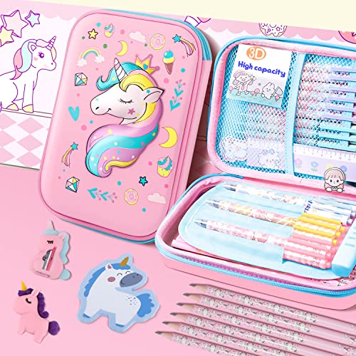TCJJ Pencil Case for Girls,Cute Unicorn Stationery Set for Kids,3D EVA Pencil Pen Box Organizer with Compartment, School Supplies for Kids School Gifts