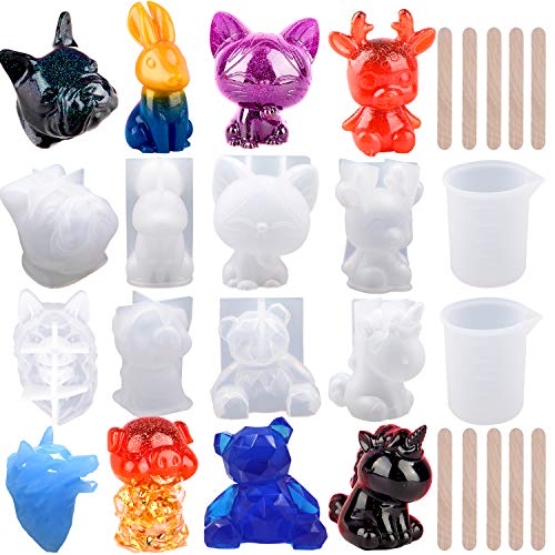 EuTengHao 20Pcs 3D Animal Resin Molds Tools Set Includes 8 Resin Casting Molds Large Clear Unicorn Epoxy Silicone Molds 2 Measurement Cup 10 Wood Sticks for Resin Craft DIY
