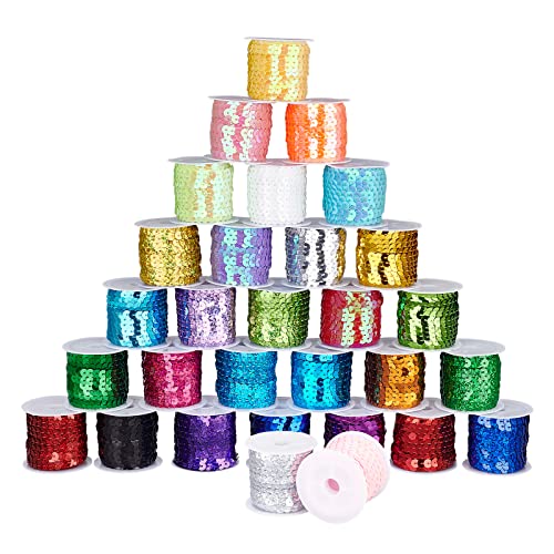 PH PandaHall 30 Color Spangle Flat Sequins 6mm Paillette Trim Spool String Sequins Ribbon Metallic Shiny Trim Sewing String for Mermaid Crafts Embellishments Halloween Costume Accessories (150 Yards)
