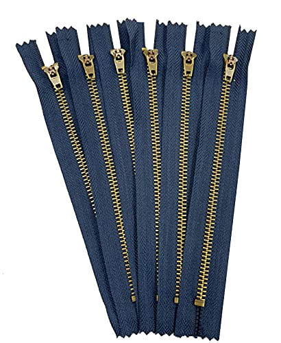 AMORNPHAN 6 pcs 7 Inch Metal Zippers Closed End #5 Navy Blue Tape Antique Brass Teeth Spring Lock Slider Heavy Duty for Jeans Denim Pockets Clothes Crafts Sewing (7")