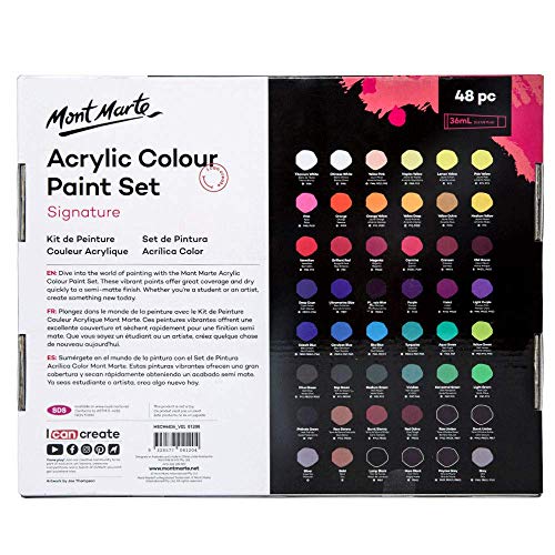 Mont Marte Signature Acrylic Paint Set, 48 Colors x 36 ml, Semi-Matte Finish, Suitable for Canvas, Wood, MDF, Leather, Air-dried Clay, Plaster, Cardboard, Paper and Crafts
