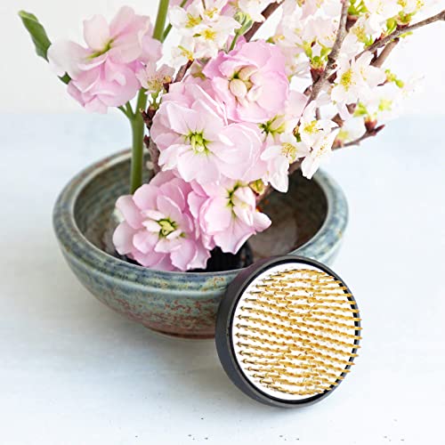 Wazakura Minoyaki Series Japanese Ikebana Essential Tool Kit with Small Round Ceramic Flower Vase and Kenzan Pin Frog for Floral Arranging - Brown & Blue Vase + 2in (61mm) Brass Kenzan