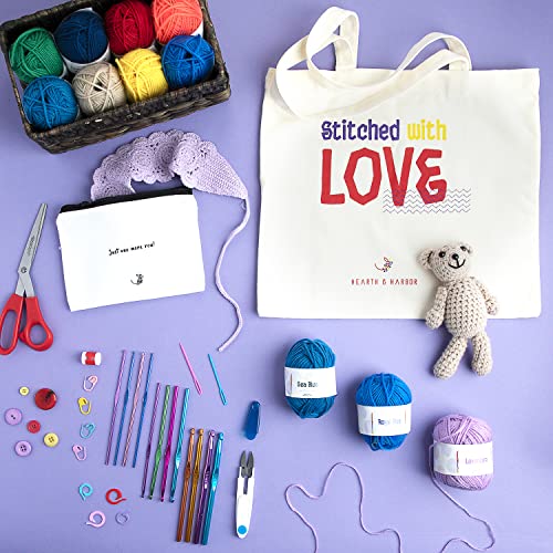 43 Piece Crochet Kit for Beginners Adults and Kids, Small Crochet Set with 9 Crochet Hooks Set and 55 Yards of Yarn for Crocheting Kit, Canvas Tote Bag and Lots More - Beginner Crochet Kit