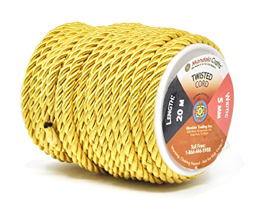 Mandala Crafts Rayon Twisted Cord Trim, Shiny Viscose Cording for Home Décor, Upholstery, Curtain Tieback, Honor Cord (5mm, Gold)
