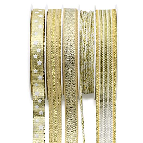 5 Rolls 27 Yards Gold Ribbon, Ribbon for Gift Wrapping, Crafts Fabric for Gift Ribbon, Glitter Ribbon for Wrapping Decoration Wedding Birthday Holiday Gift Wrapping Party