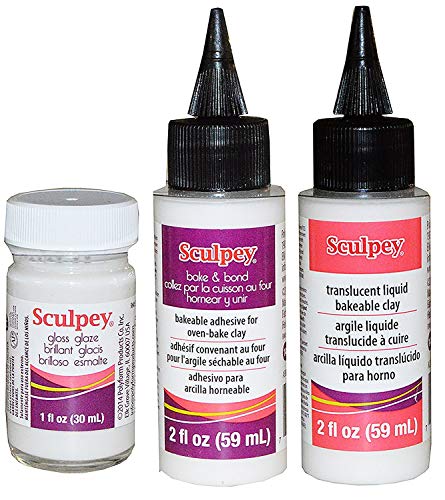 Sculpey Artist Set: 1 Fl Oz Gloss Glaze, 2 Fl Oz Bake and Bond Bakeable Adhesive for Oven-Bake Clay, 2 Fl Oz Translucent Liquid Bakeable Clay - Pack of 3