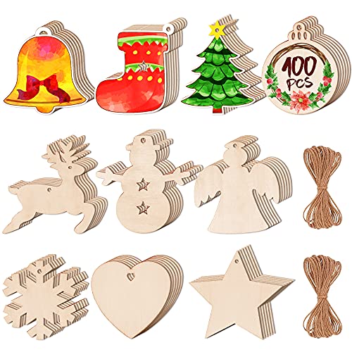 Max Fun 100PCS DIY Wooden Christmas Ornaments Unfinished Predrilled Wood Circles for Crafts Centerpieces Holiday Hanging Decorations in 10 Shapes