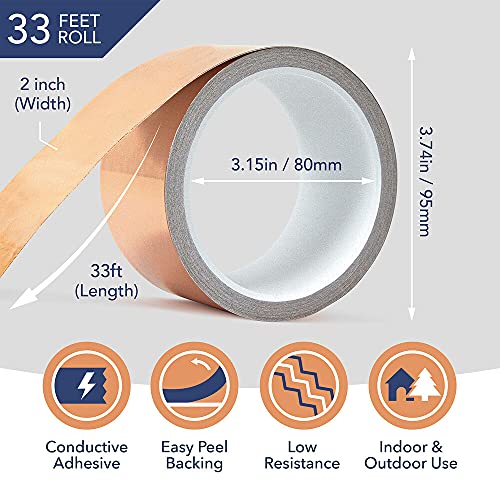 Copper Tape [2 Inch x 33ft] Copper Foil Tape Conductive Adhesive for EMI Shielding, Guitar Cavity, Electrical Conductive for Soldering, and More