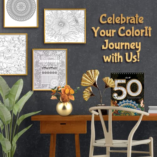 ColorIt 50 Spiral Bound Adult Coloring Book, 50 Original Designs with Perforated Pages, Lay Flat Hardback Book Cover, Ink Blotter Paper | for Arts and Crafts, Coloring Books for Adults Relaxation