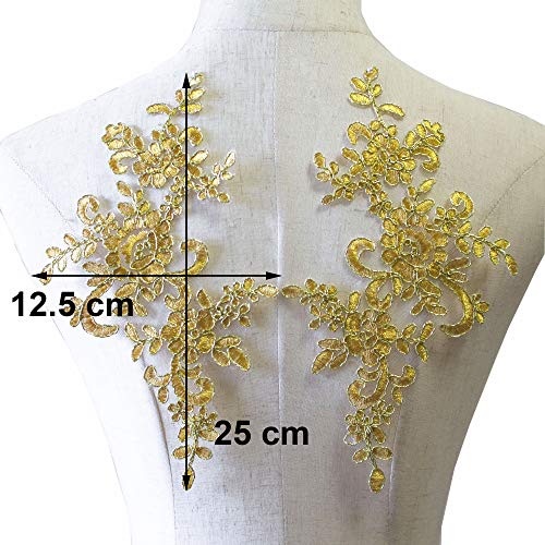 LITTLE PANDADA,1 Pair Corded Lace Applique Flower Embroidery Off White Lace Motif Sewing on Wedding Dress Accessories DIY Applique (Gold)