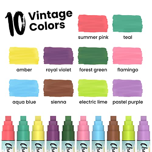 Chalkola 10mm Car Window Markers - 10 Vintage Colored Chalk Markers - 10mm Wide Tip - Washable Liquid Chalk Pens for Blackboard, Chalkboard, Windows, Glass, Bistro - Wet Erasable Car Paint Markers