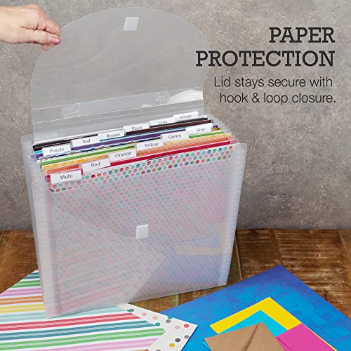Samsill Expandable Paper Storage Organizer, 12 Pockets with Tabs, Holds 12x12 Inch Scrapbook Paper, Vinyl Paper, Clear, Secure Flap Closure, Retractable Handle
