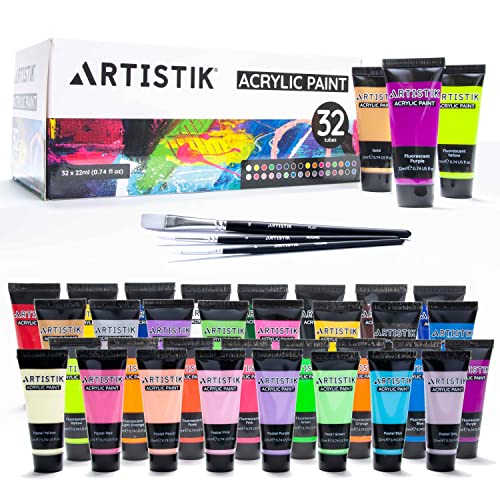 ARTISTIK Acrylic Paint Tube Set of 32 - 22ml Paint Tubes with 3 Brushes for Adults, Kids and Artists - Non-Toxic Artist Quality Paints for Canvas Painting, Wood Crafts, Ceramic and Art Supplies