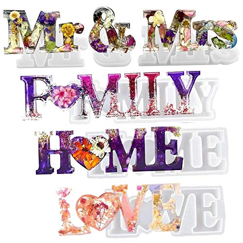 4 Pcs Letters Resin Molds, Mr & Mrs Love Home Family Sign Crystal Resin Casting Molds, Epoxy Resin Molds for DIY Home Wall Table Decoration/Thanksgiving Christmas Gift Ideas