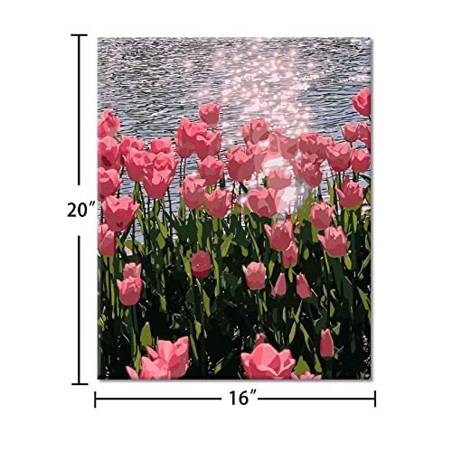 VIGEIYA 16x20in DIY Paint by Numbers for Adults Include Framed Canvas and Wooden Easel with Brushes and Acrylic Pigment (Pink Tulips)