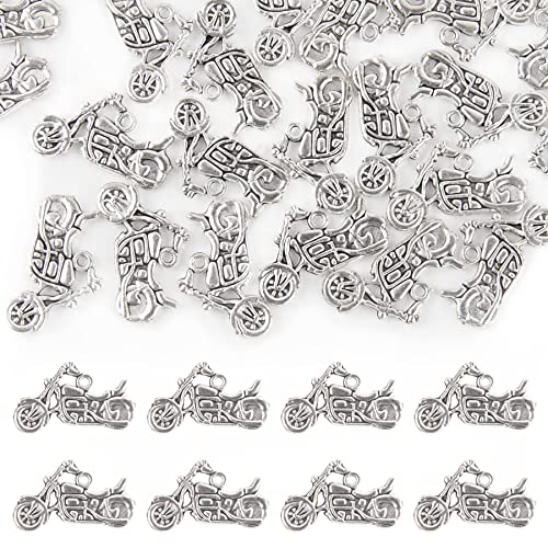 Framendino, 100 Pack Motorbike Charms Tibetan Motorcycle Ally Charms Pendants Vintage Motorcycle Beads for Bracelets Necklaces Earrings Jewelry Making Silver