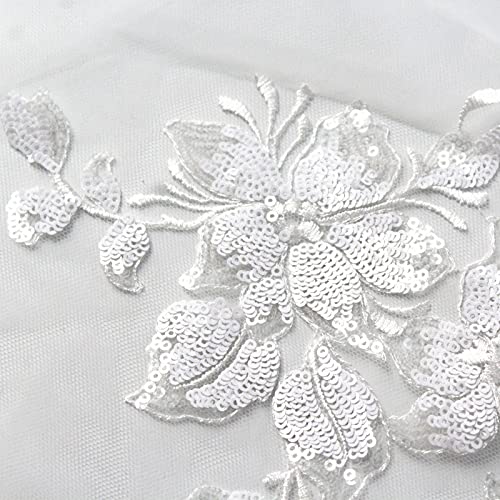 SUNMOVE Embroidery Sequin Lace Applique Sewing Flower Fabric Collar Patch for Wedding Gown Dress Bridal DIY Crafts(White)